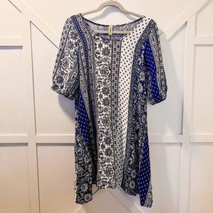 La Ropas quarter sleeve midi navy blue floral tribal print dress